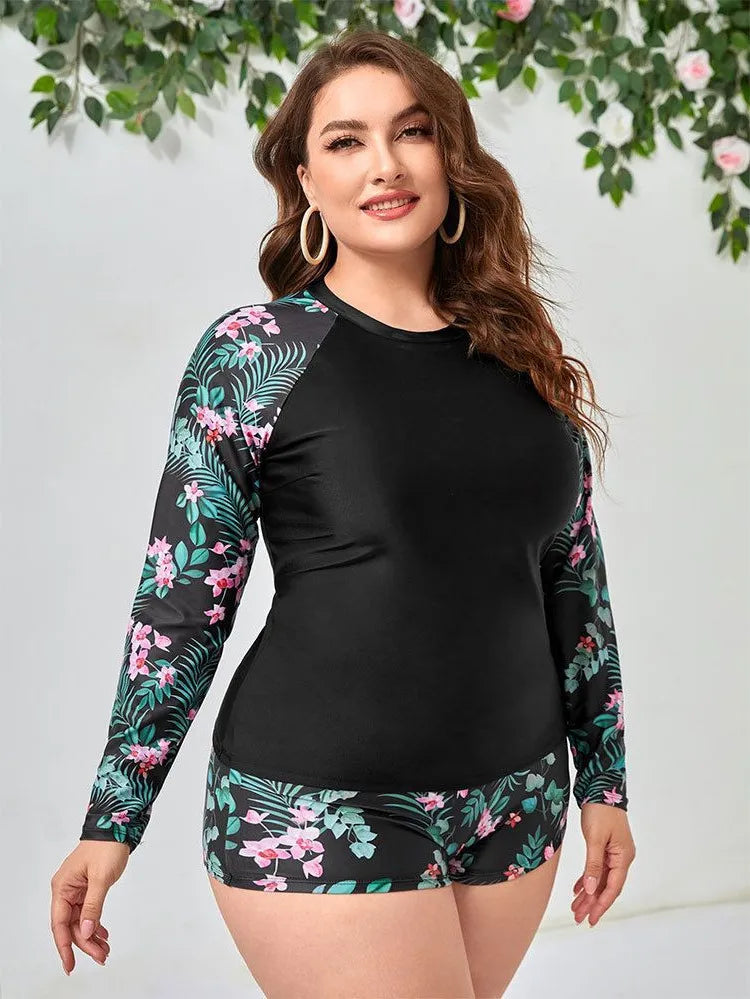 Plus Size Long-Sleeve Two-Piece Swimsuit | Sun-Protective Sport Tankini