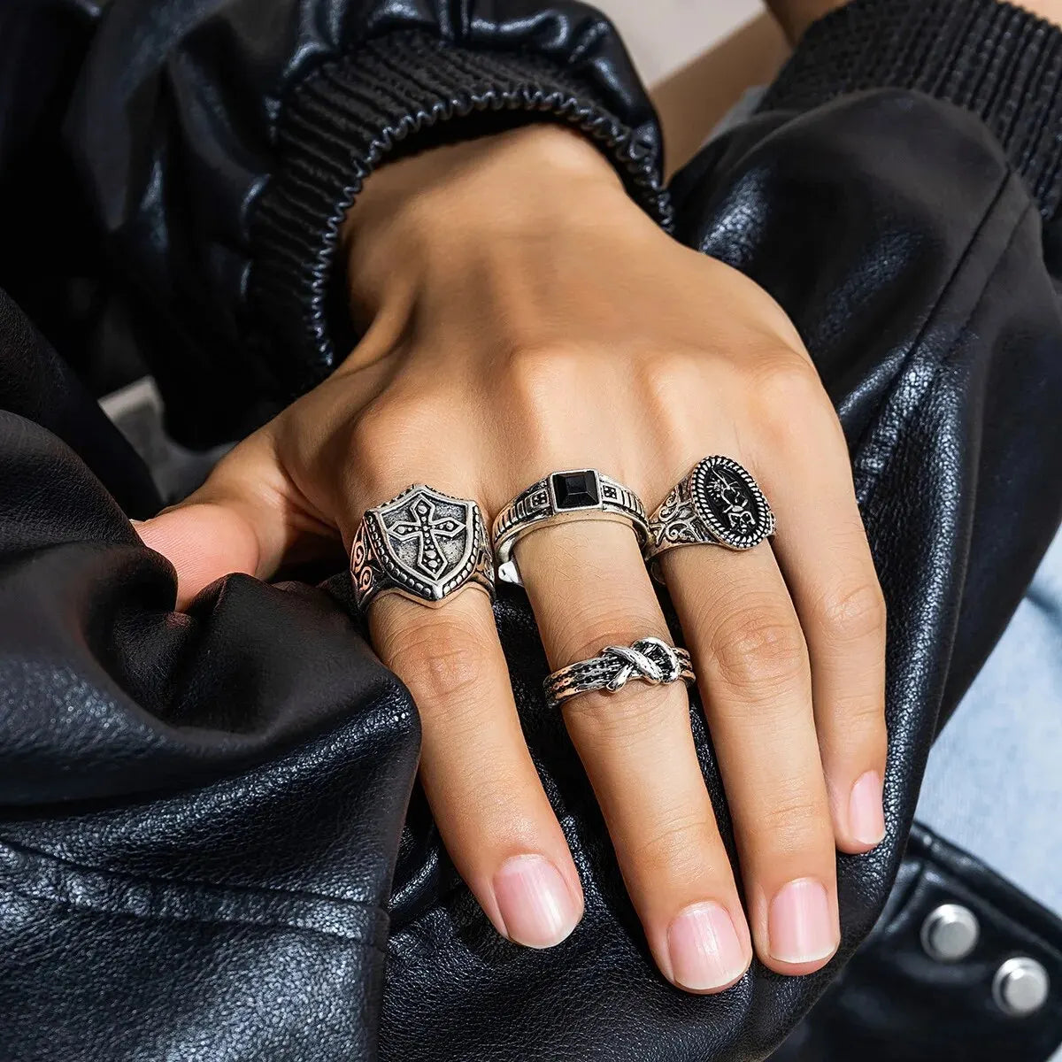 Set of 4 Stainless Steel Wide Rings for Men | Gothic Pattern Casual Jewelry