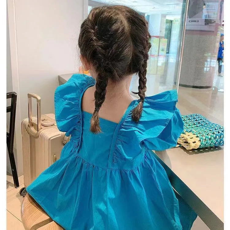 Girls Summer Bubble Sleeve Checkered Strap Dress