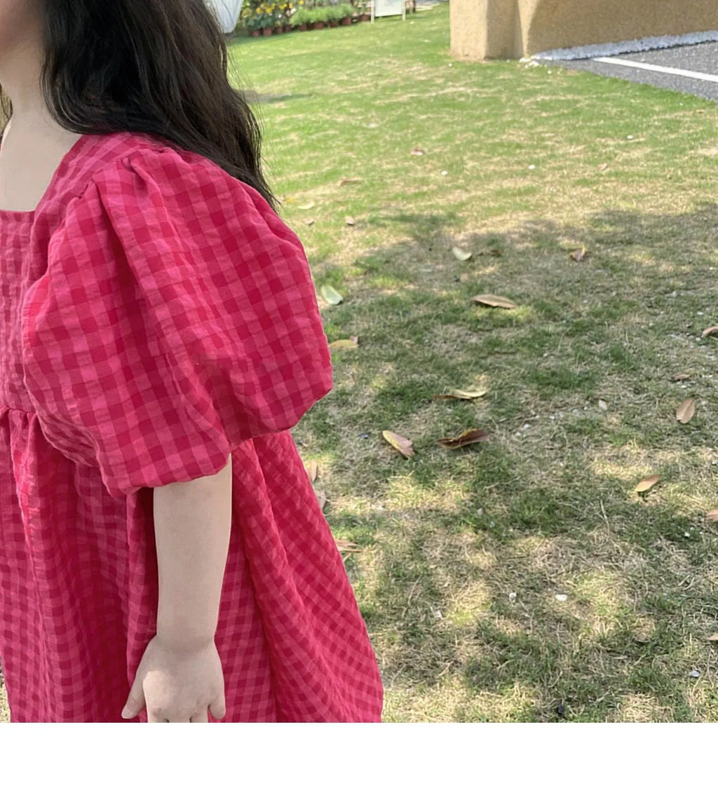 Girls Summer Bubble Sleeve Checkered Strap Dress