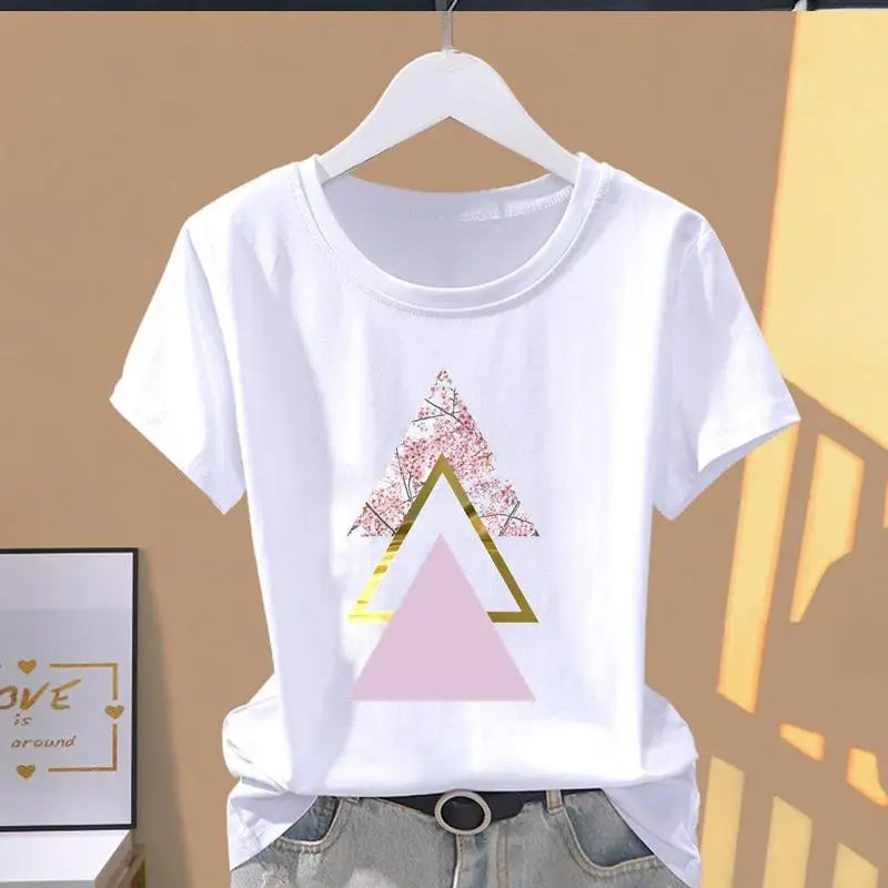 Mamiri-Store Women's Classic Pink Trapezoid Print Modal T-Shirt