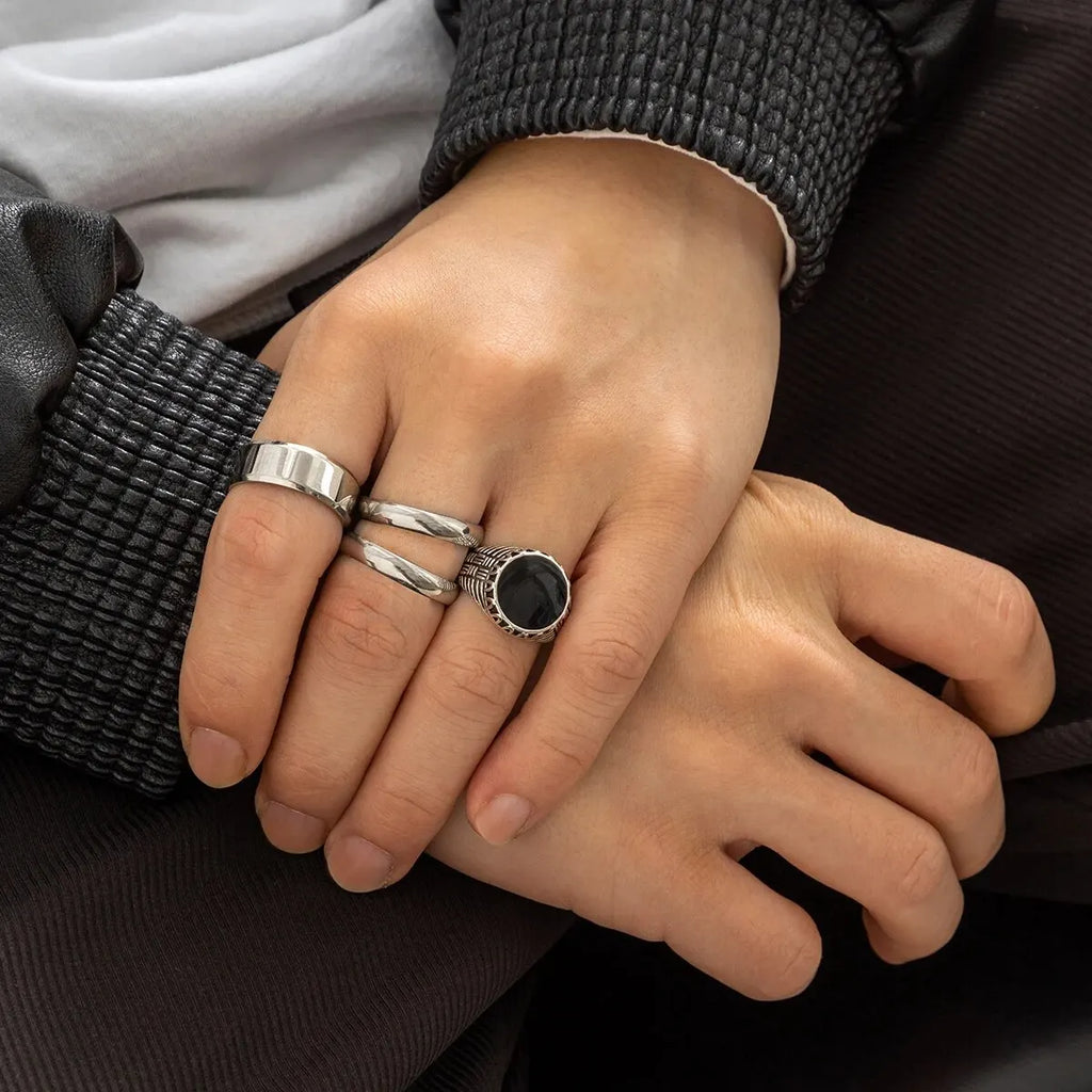Set of 4 Stainless Steel Wide Rings for Men | Gothic Pattern Casual Jewelry