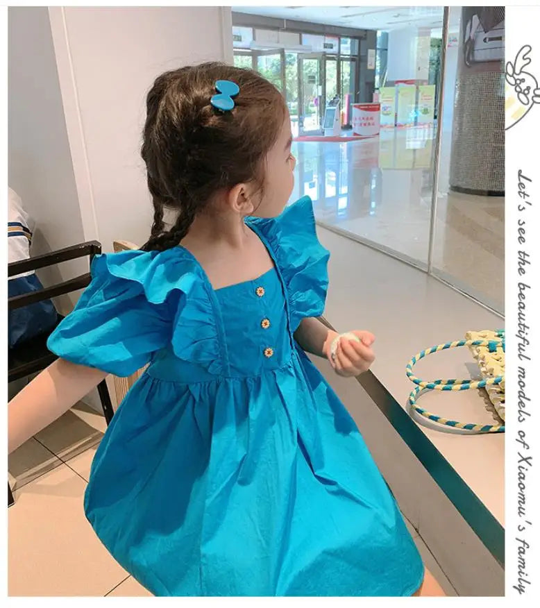 Girls Summer Bubble Sleeve Checkered Strap Dress