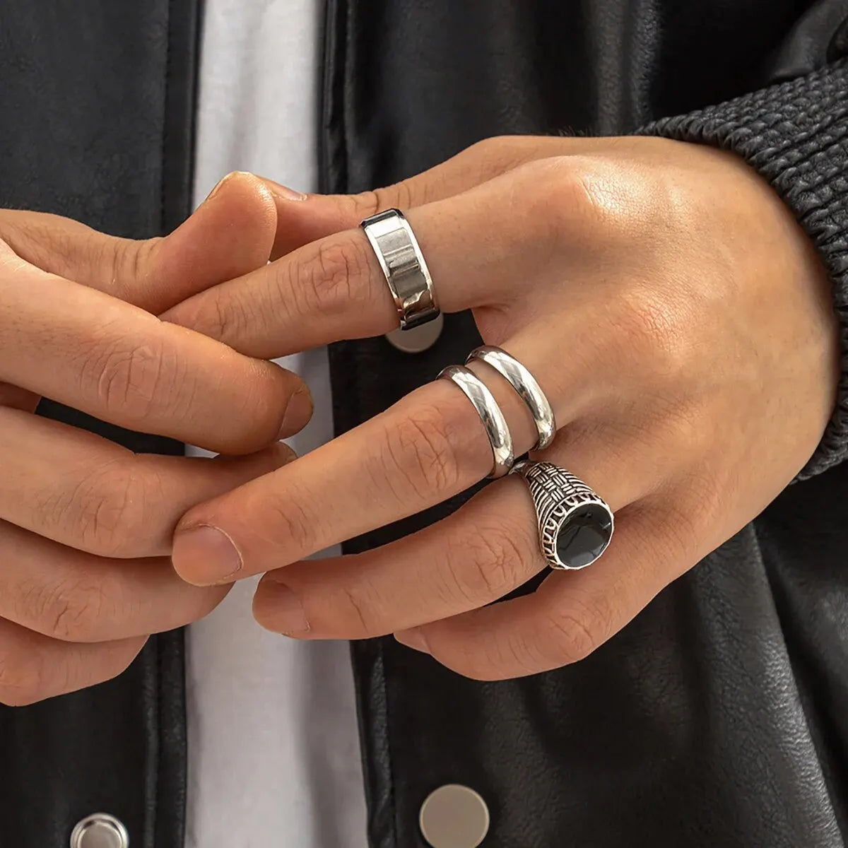 Set of 4 Stainless Steel Wide Rings for Men | Gothic Pattern Casual Jewelry