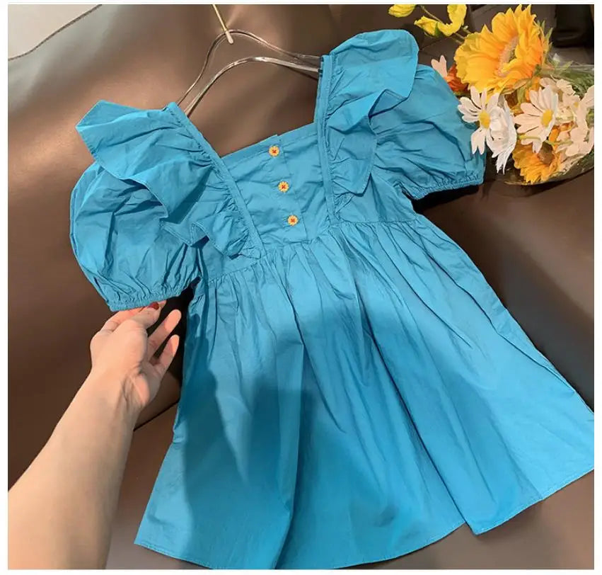 Girls Summer Bubble Sleeve Checkered Strap Dress
