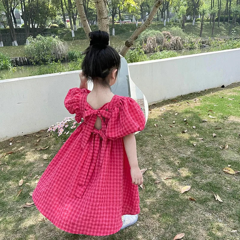 Girls Summer Bubble Sleeve Checkered Strap Dress