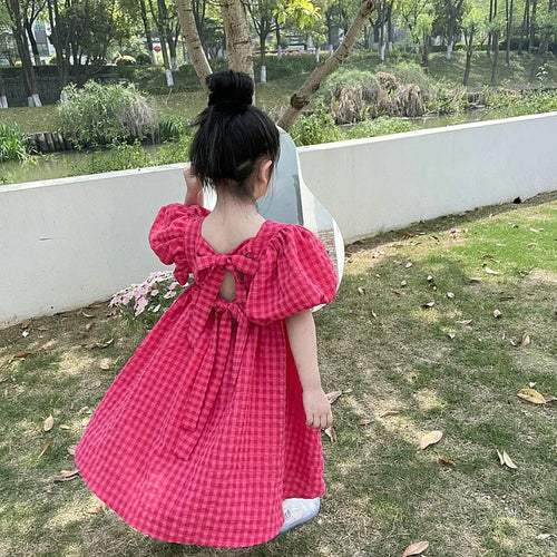 Girls Summer Bubble Sleeve Checkered Strap Dress