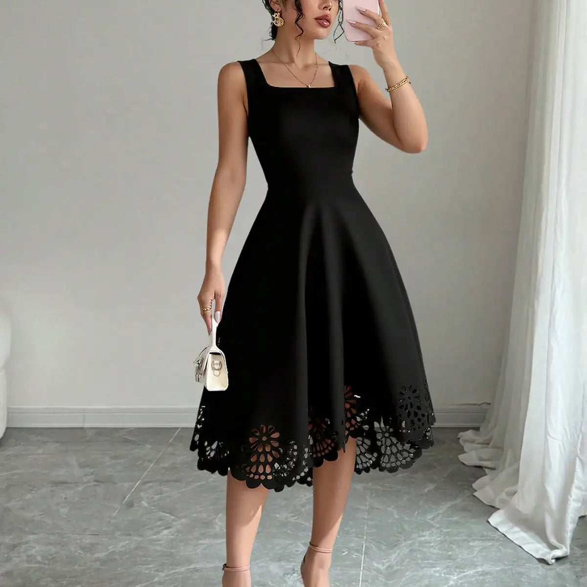 Mamiri-Store Elegant Square Neck Fit-and-Flare Knee-Length Dress