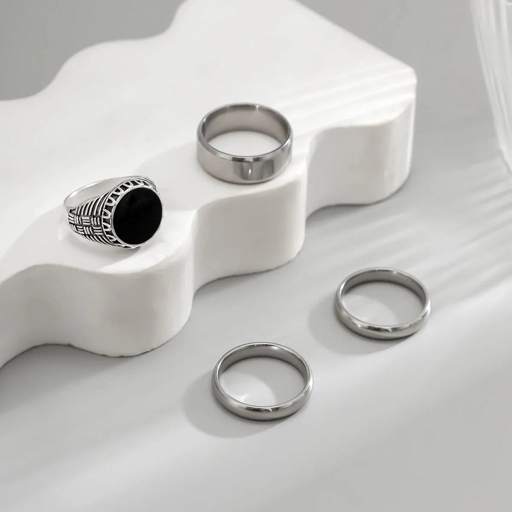 Set of 4 Stainless Steel Wide Rings for Men | Gothic Pattern Casual Jewelry
