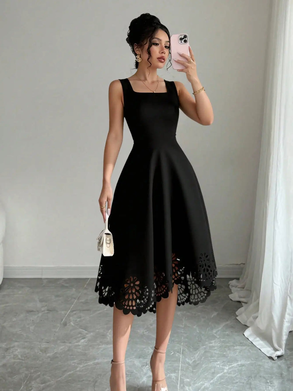 Mamiri-Store Elegant Square Neck Fit-and-Flare Knee-Length Dress