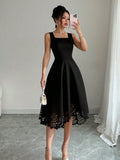 Mamiri-Store Elegant Square Neck Fit-and-Flare Knee-Length Dress
