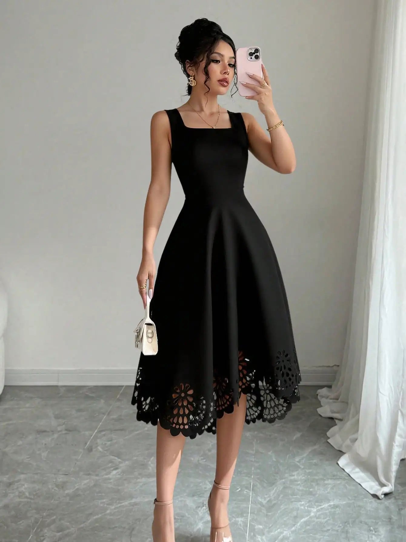 Mamiri-Store Elegant Square Neck Fit-and-Flare Knee-Length Dress