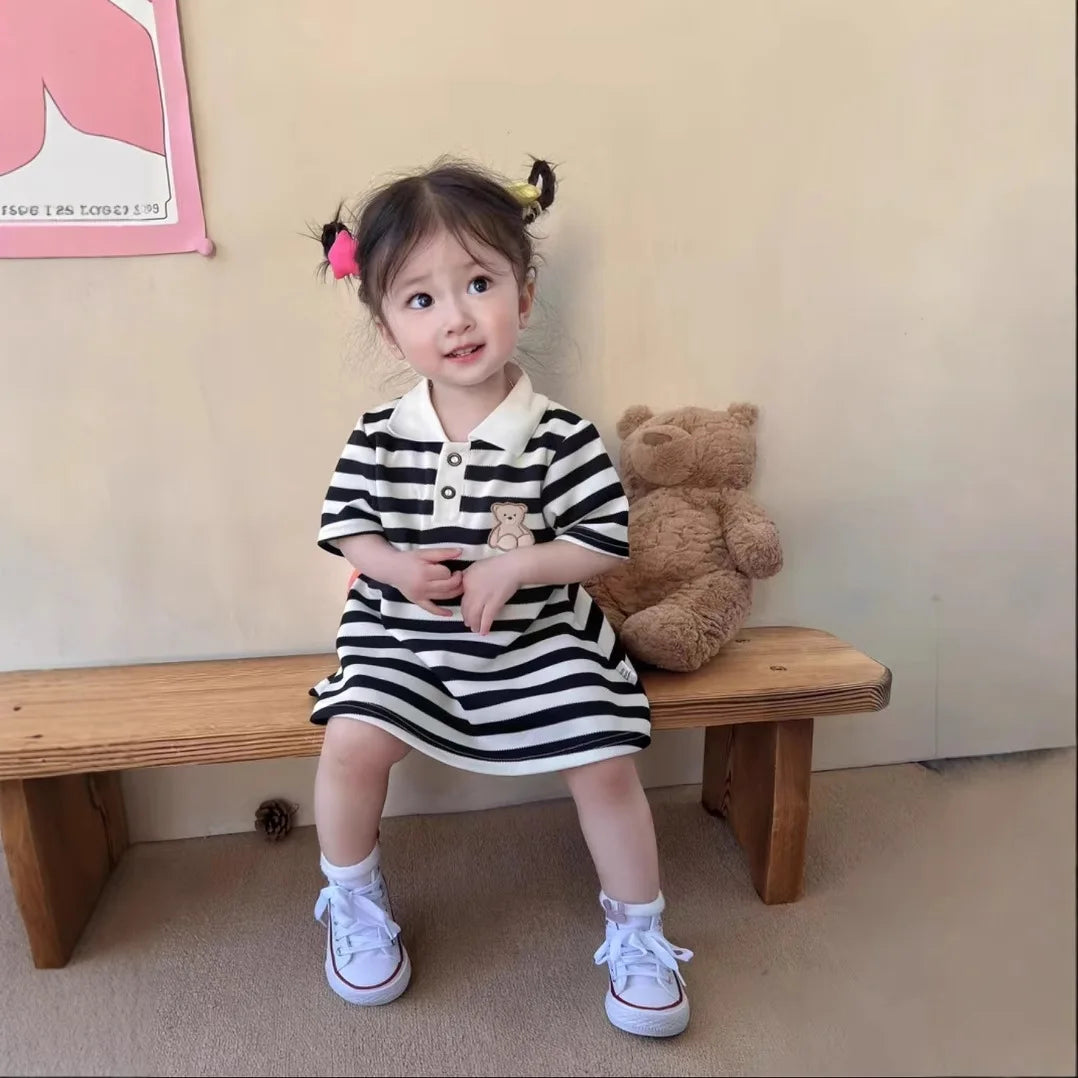 Girls Summer Bubble Sleeve Checkered Strap Dress