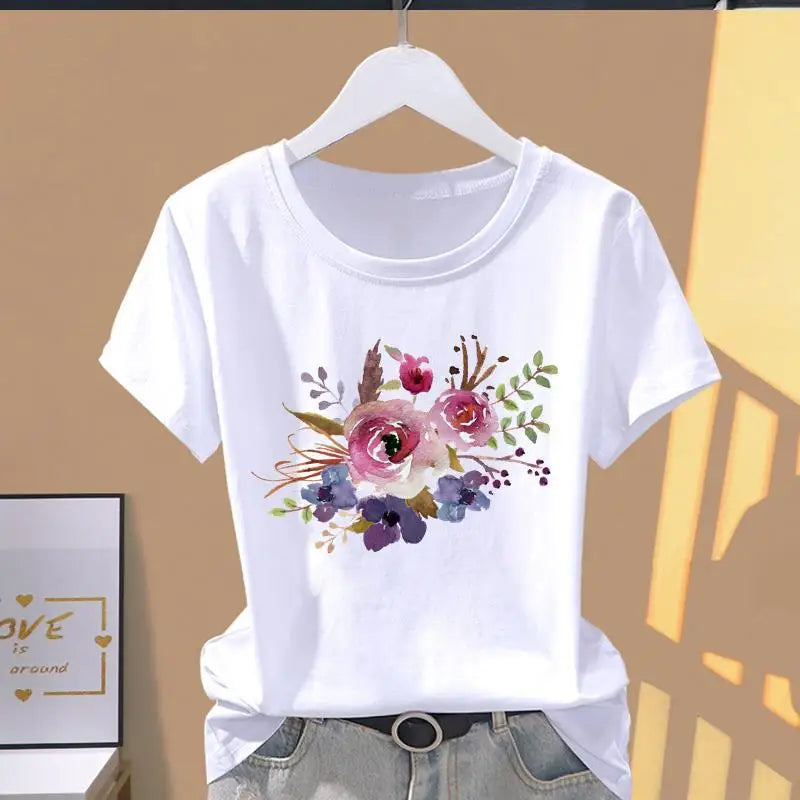 Mamiri-Store Women's Classic Pink Trapezoid Print Modal T-Shirt