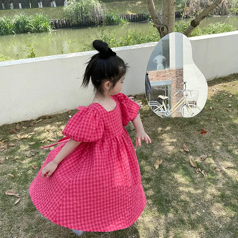 Girls Summer Bubble Sleeve Checkered Strap Dress