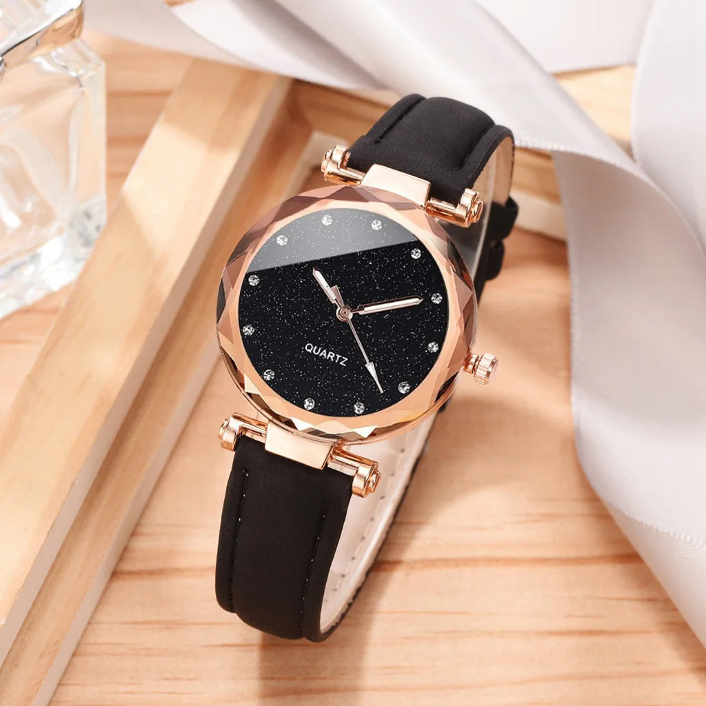 Women's Square Face Watch & Rhinestone Bracelet Set (2-Piece) | Leather Strap Quartz