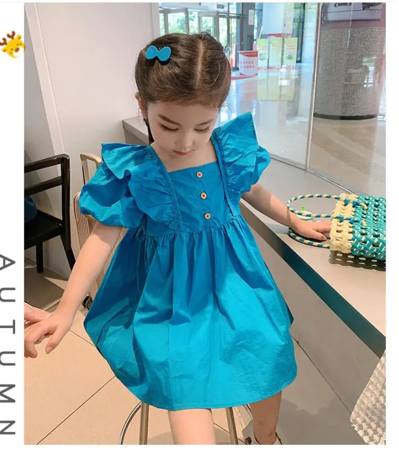 Girls Summer Bubble Sleeve Checkered Strap Dress