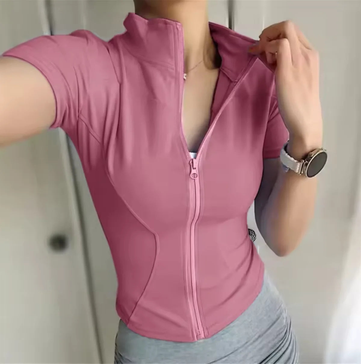 Mamiri-Store Women's Slim-Fit Zippered Short-Sleeve Sports Top