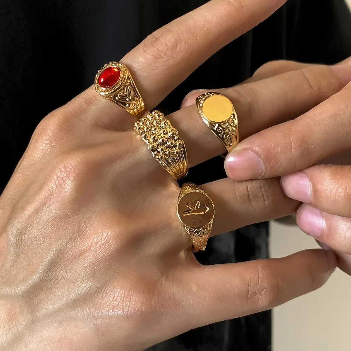 Set of 4 Stainless Steel Wide Rings for Men | Gothic Pattern Casual Jewelry