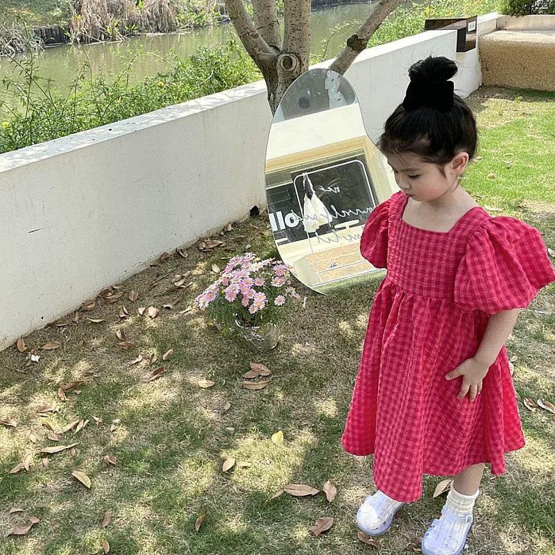 Girls Summer Bubble Sleeve Checkered Strap Dress