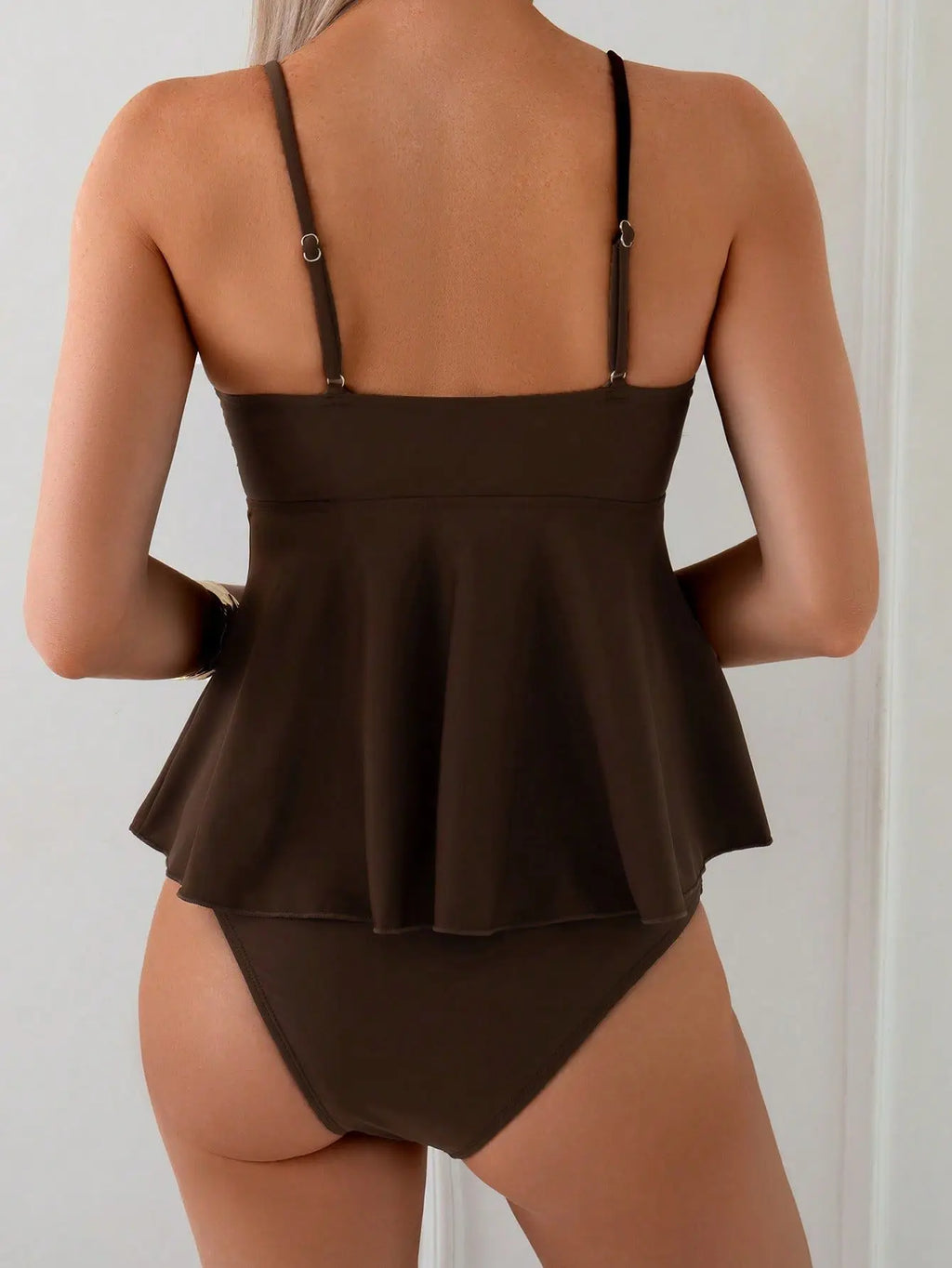 Women's Solid Color Tankini Swimsuit | Metal Shell Detail, Adjustable Straps