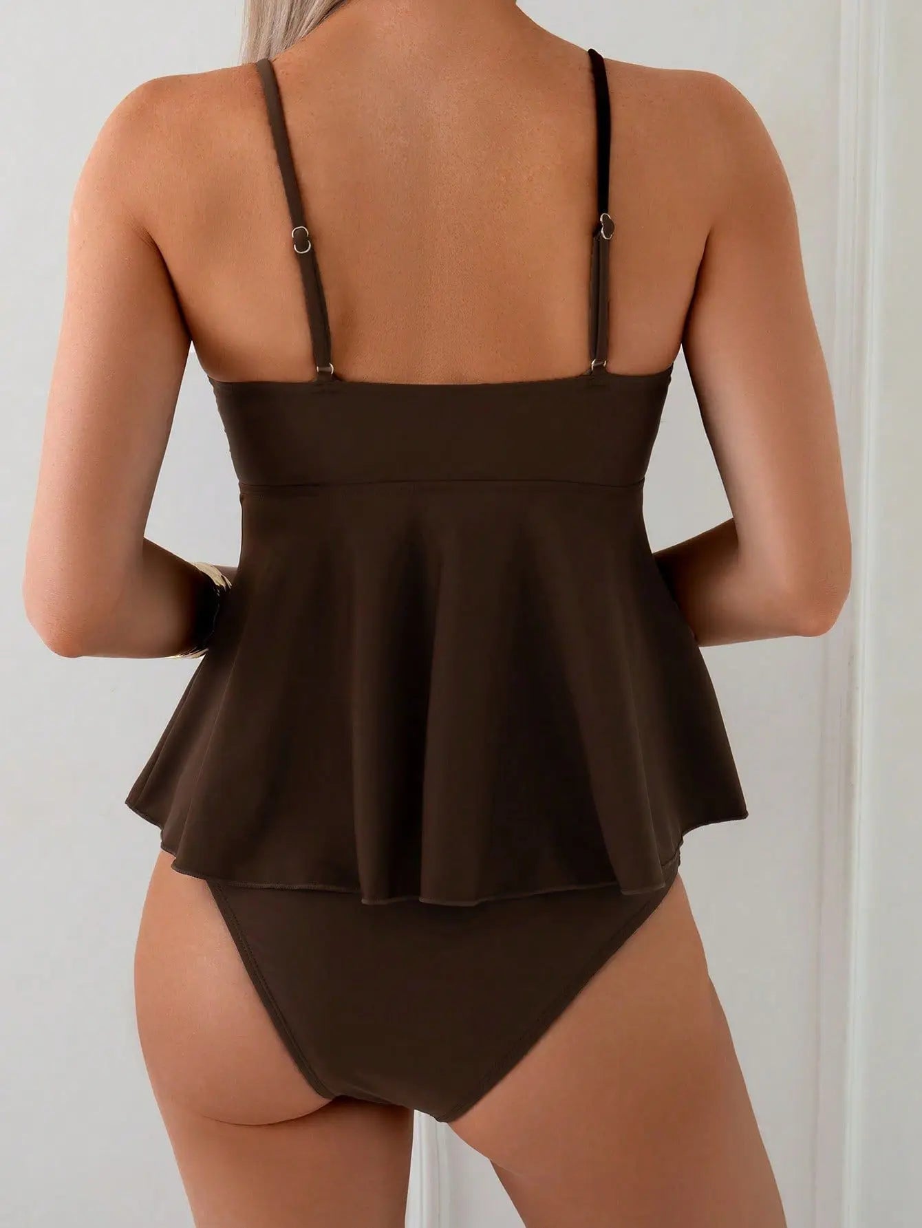 Women's Solid Color Tankini Swimsuit | Metal Shell Detail, Adjustable Straps