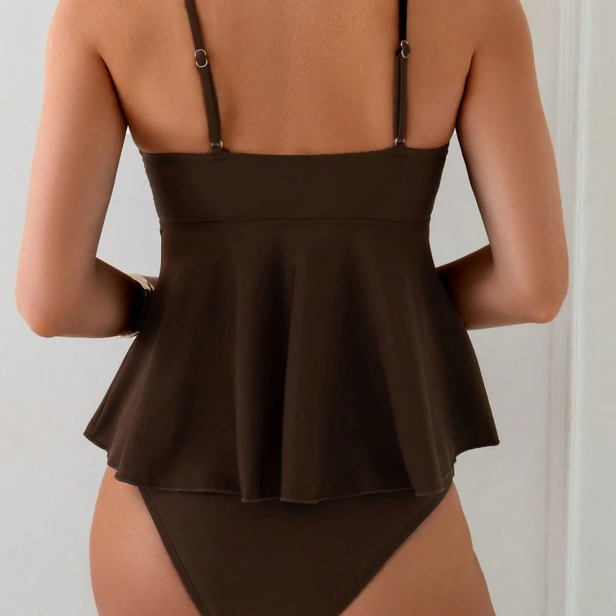 Women's Solid Color Tankini Swimsuit | Metal Shell Detail, Adjustable Straps