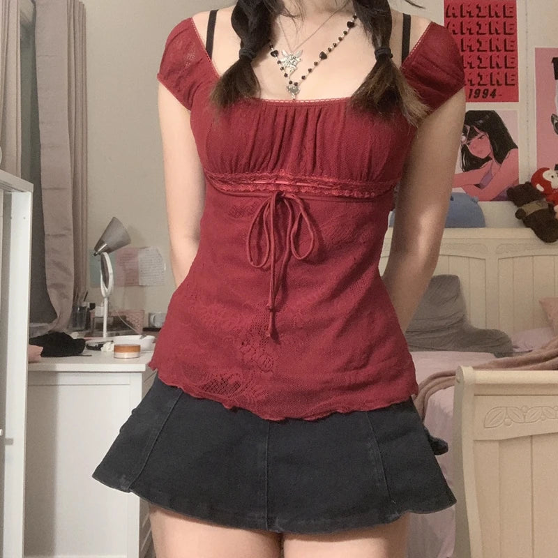Mamiri-Store Elegant Square-Collar Bow-Detail Y2K Crop Top
