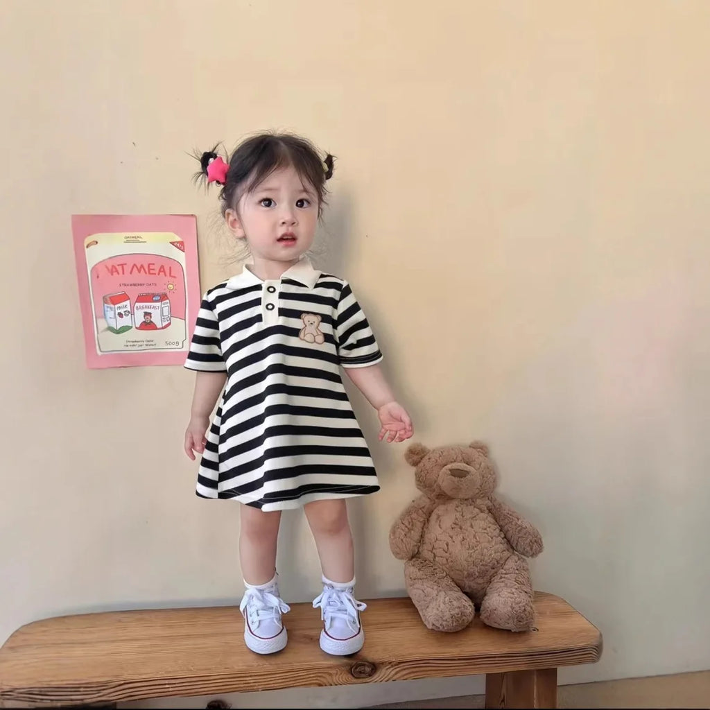 Girls Summer Bubble Sleeve Checkered Strap Dress
