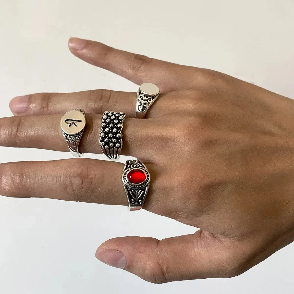 Set of 4 Stainless Steel Wide Rings for Men | Gothic Pattern Casual Jewelry