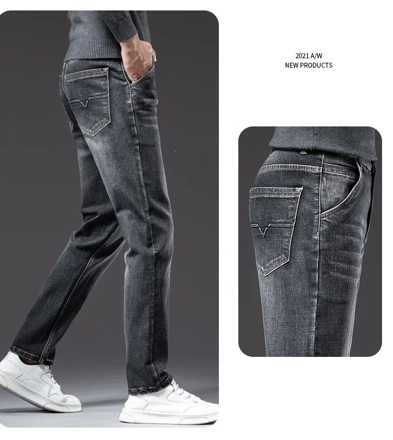 Men's Straight-Fit Stretch Business Jeans | Vintage Blue & Smoke Grey Denim
