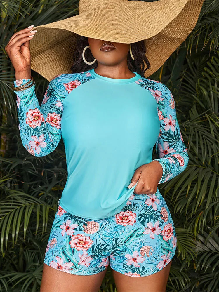 Plus Size Long-Sleeve Two-Piece Swimsuit | Sun-Protective Sport Tankini