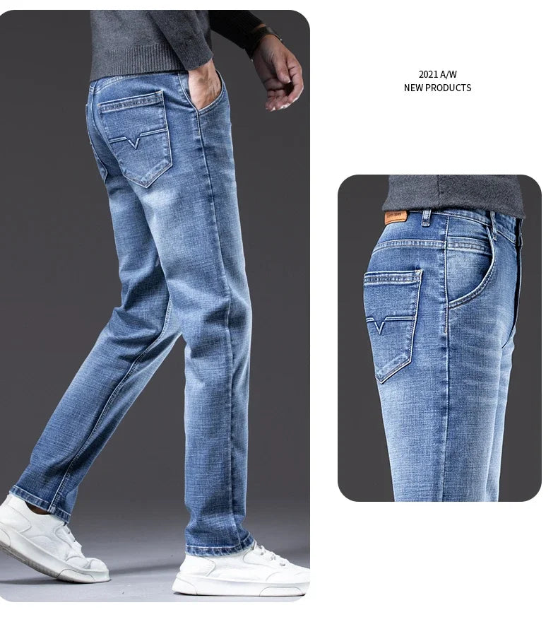 Men's Straight-Fit Stretch Business Jeans | Vintage Blue & Smoke Grey Denim