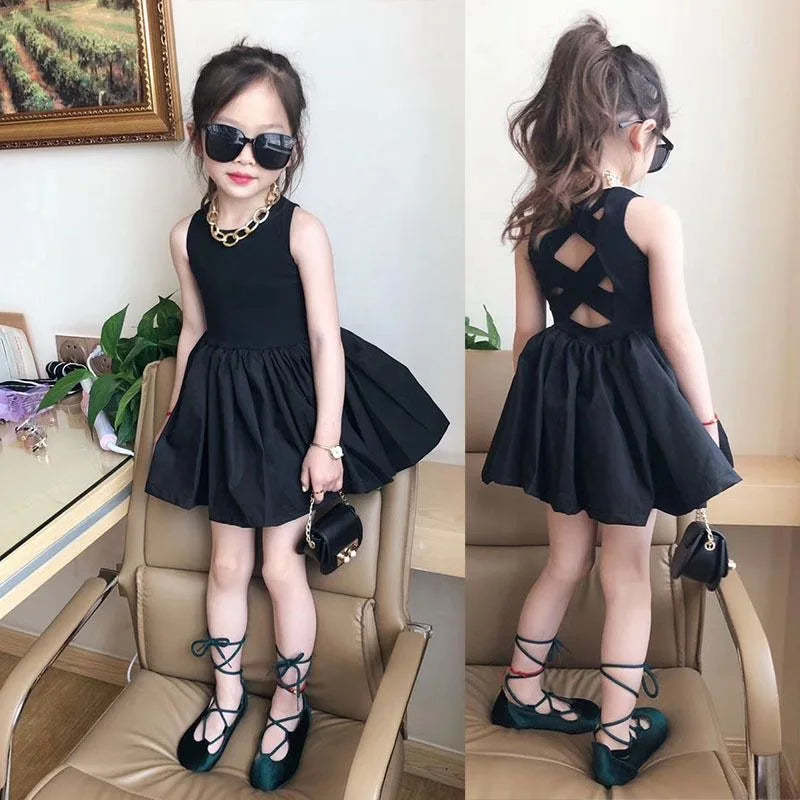 Girls Elegant Black Tutu Backless Party Dress