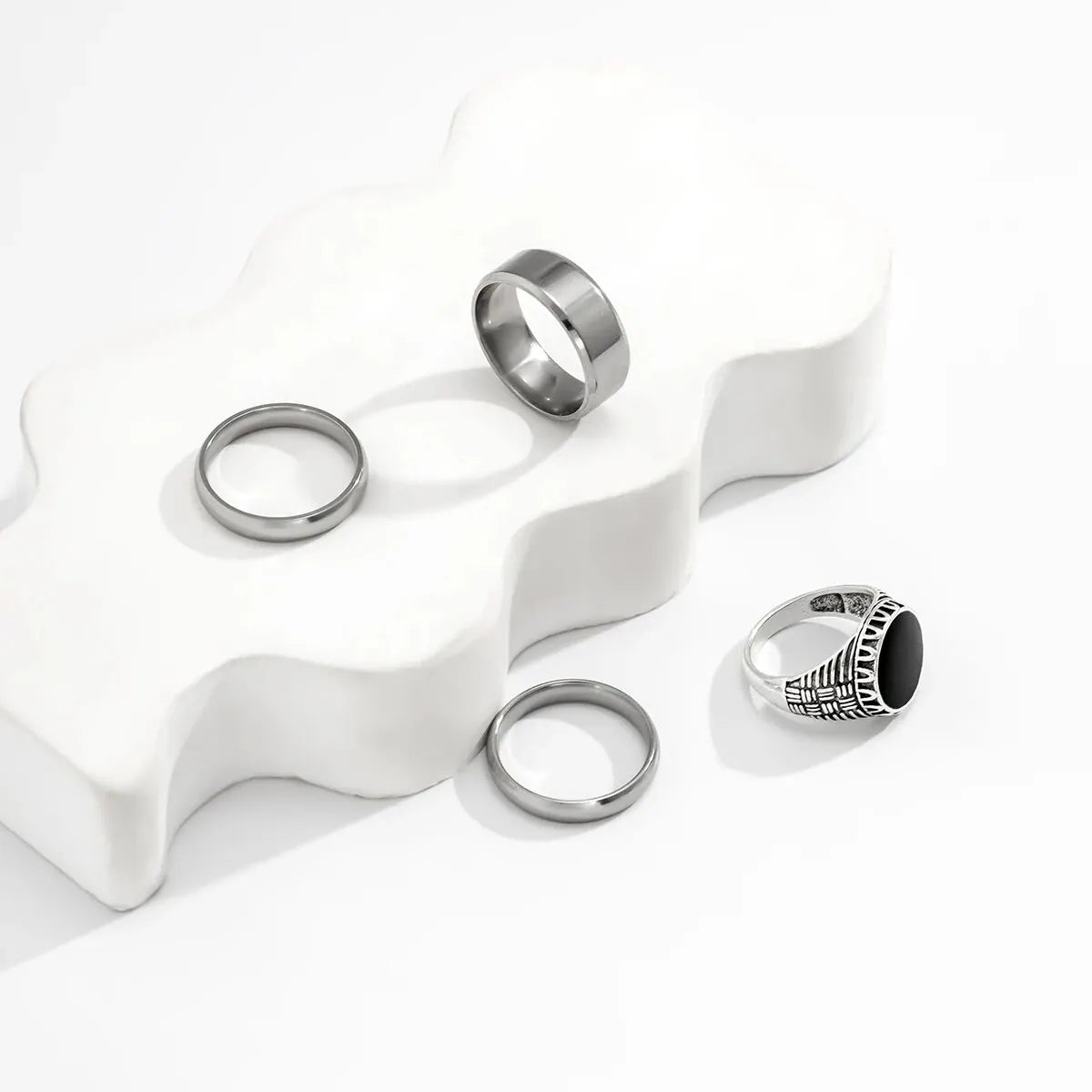 Set of 4 Stainless Steel Wide Rings for Men | Gothic Pattern Casual Jewelry