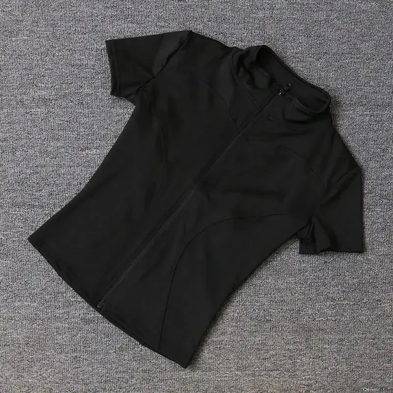 Mamiri-Store Women's Slim-Fit Zippered Short-Sleeve Sports Top