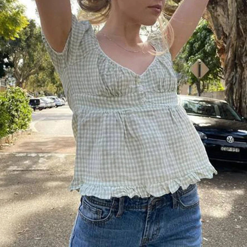Mamiri-Store Vintage-Inspired Y2K Lace-Trimmed Milkmaid Crop Top