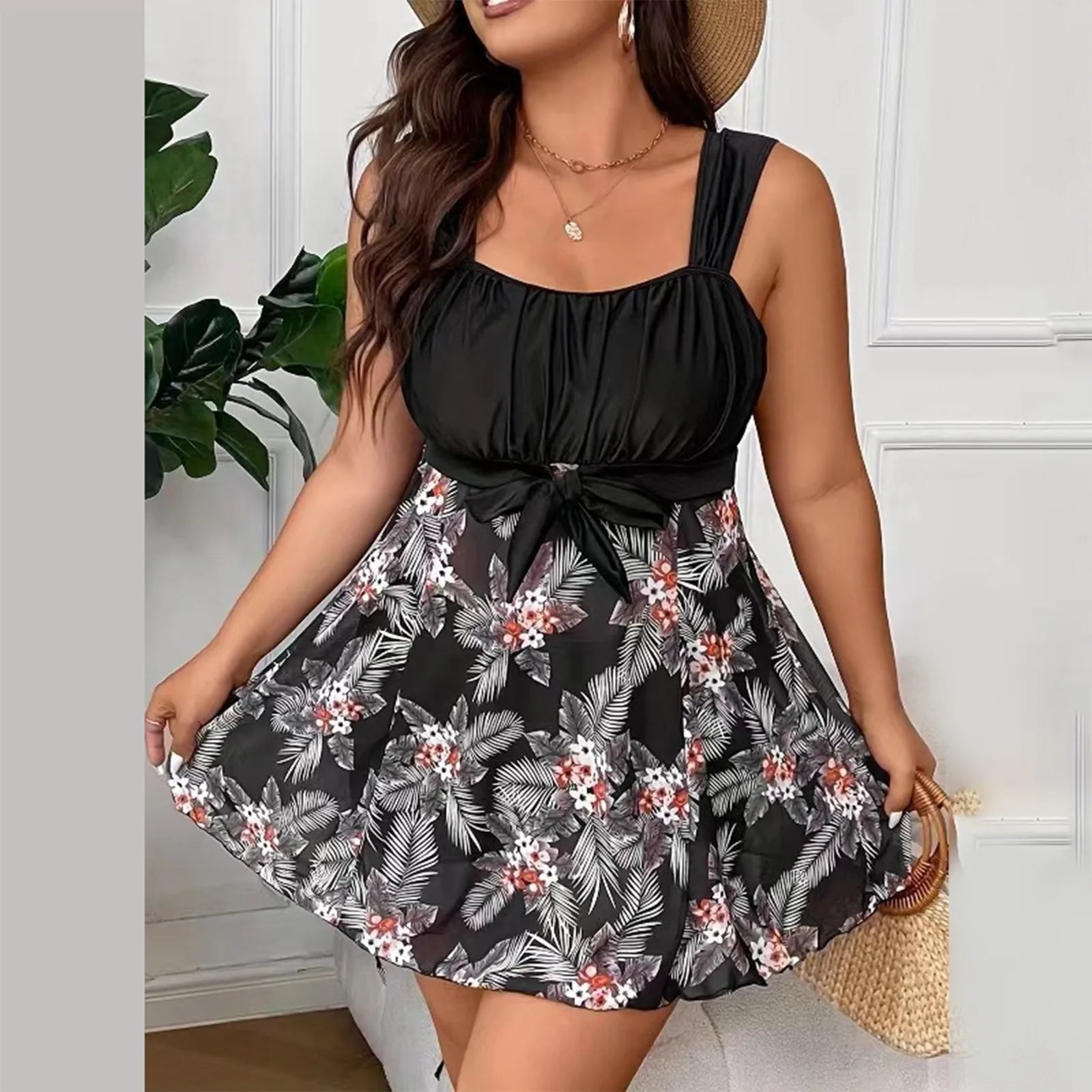 Plus Size High-Waist Swimdress | Push-Up Floral Print Swimsuit (Up to 5XL)
