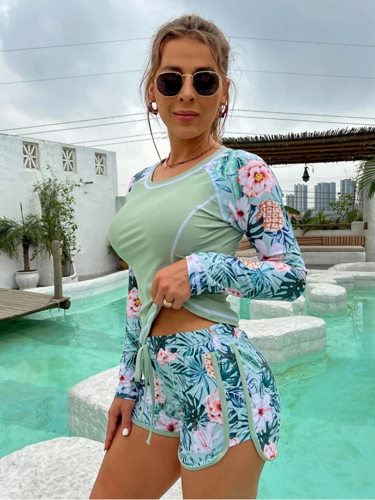 Women's Long-Sleeve Tankini Set | Tropical Print Swimwear with Shorts