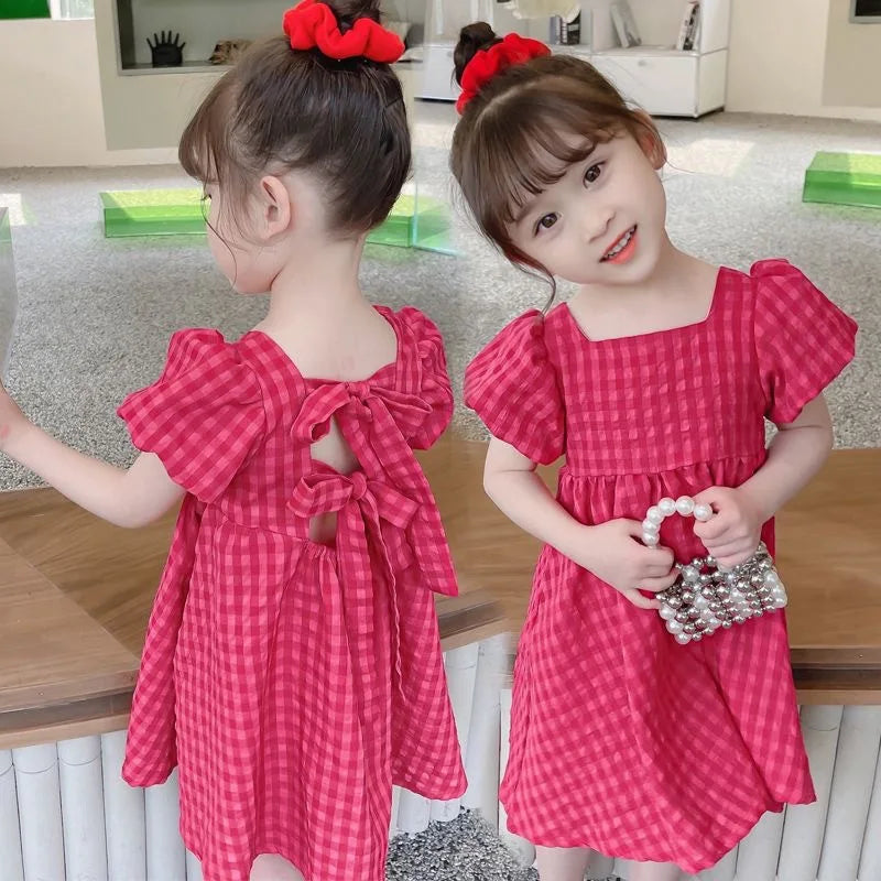 Girls Summer Bubble Sleeve Checkered Strap Dress