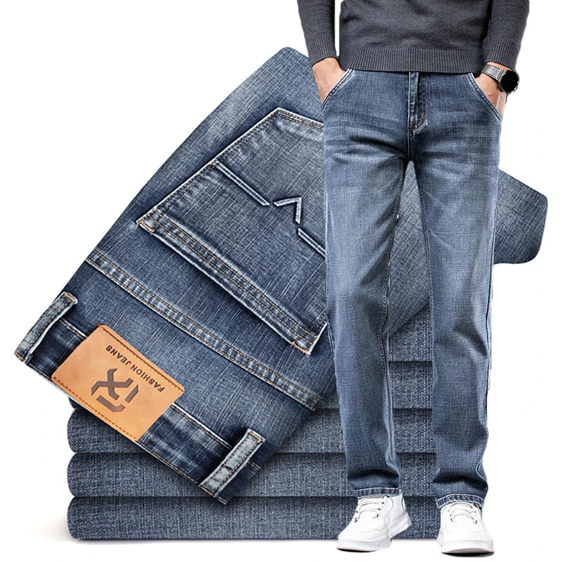 Men's Straight-Fit Stretch Business Jeans | Vintage Blue & Smoke Grey Denim