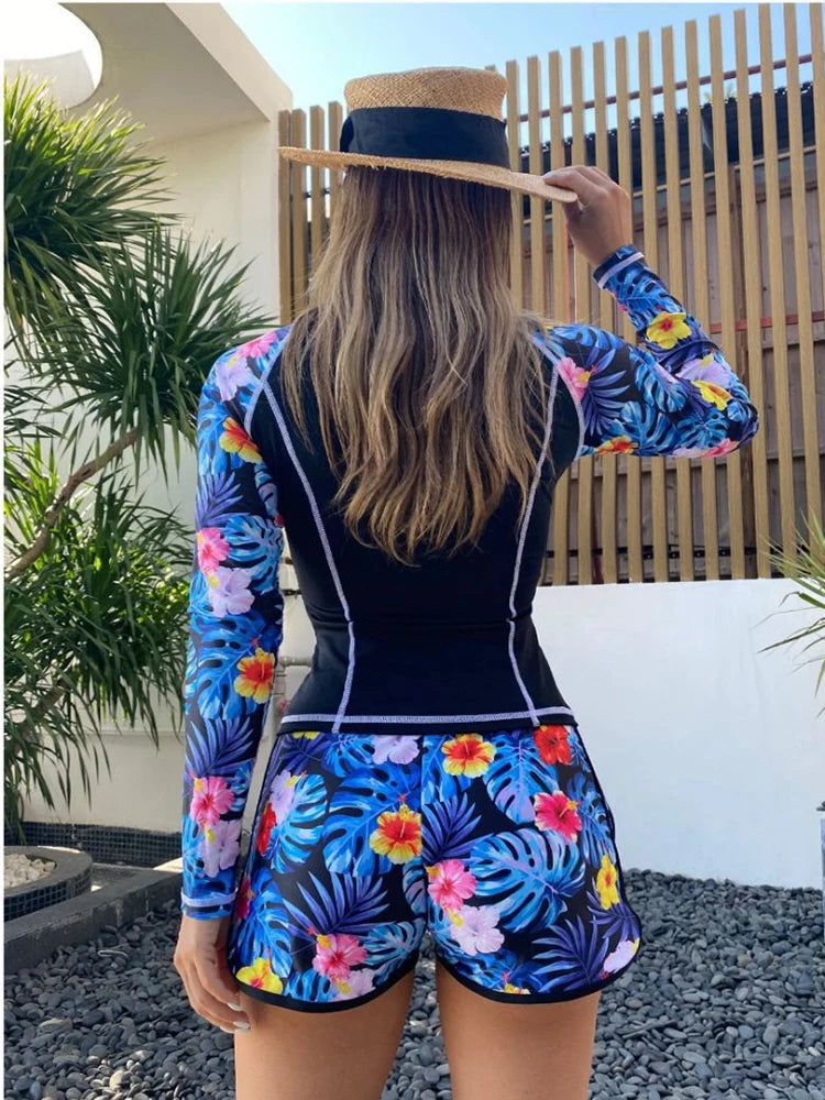 Women's Long-Sleeve Tankini Set | Tropical Print Swimwear with Shorts