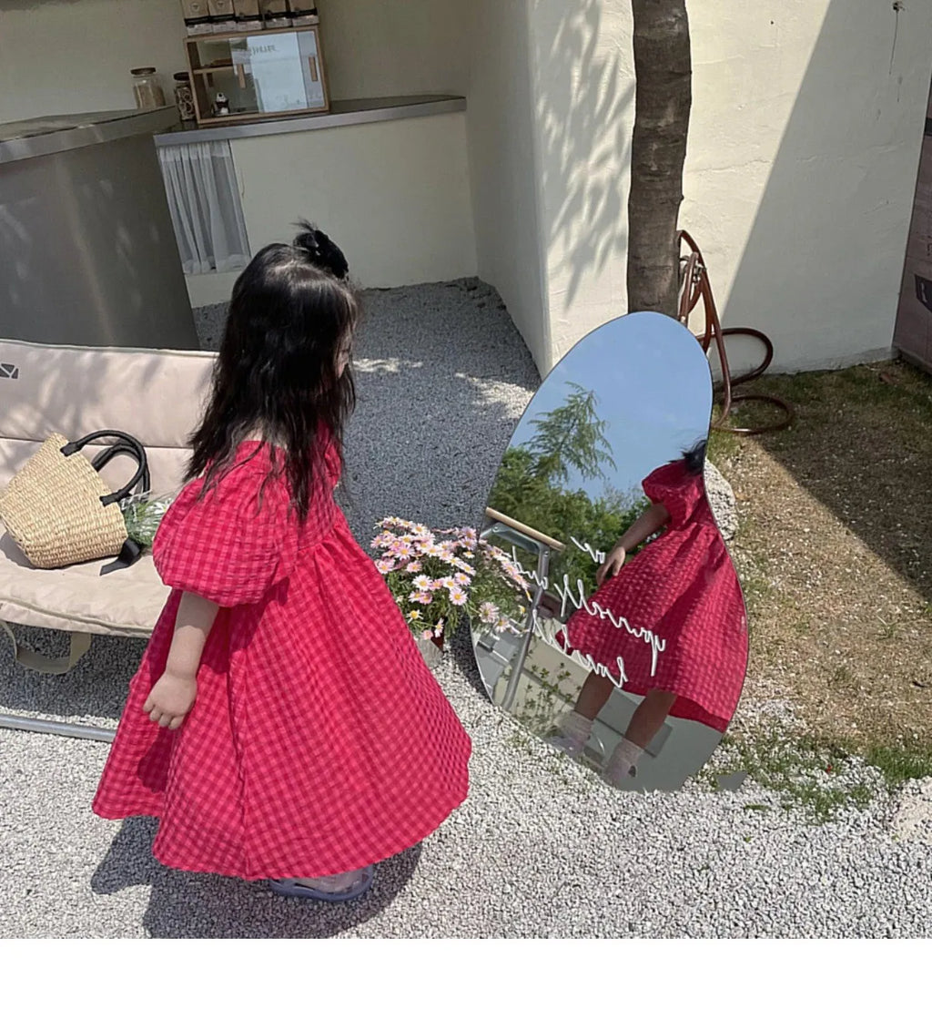 Girls Summer Bubble Sleeve Checkered Strap Dress