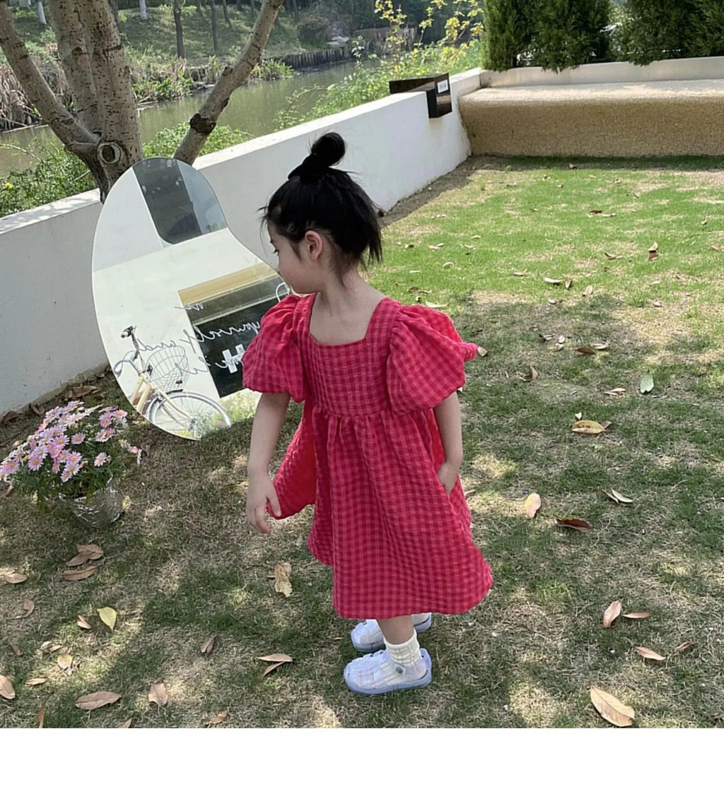 Girls Summer Bubble Sleeve Checkered Strap Dress