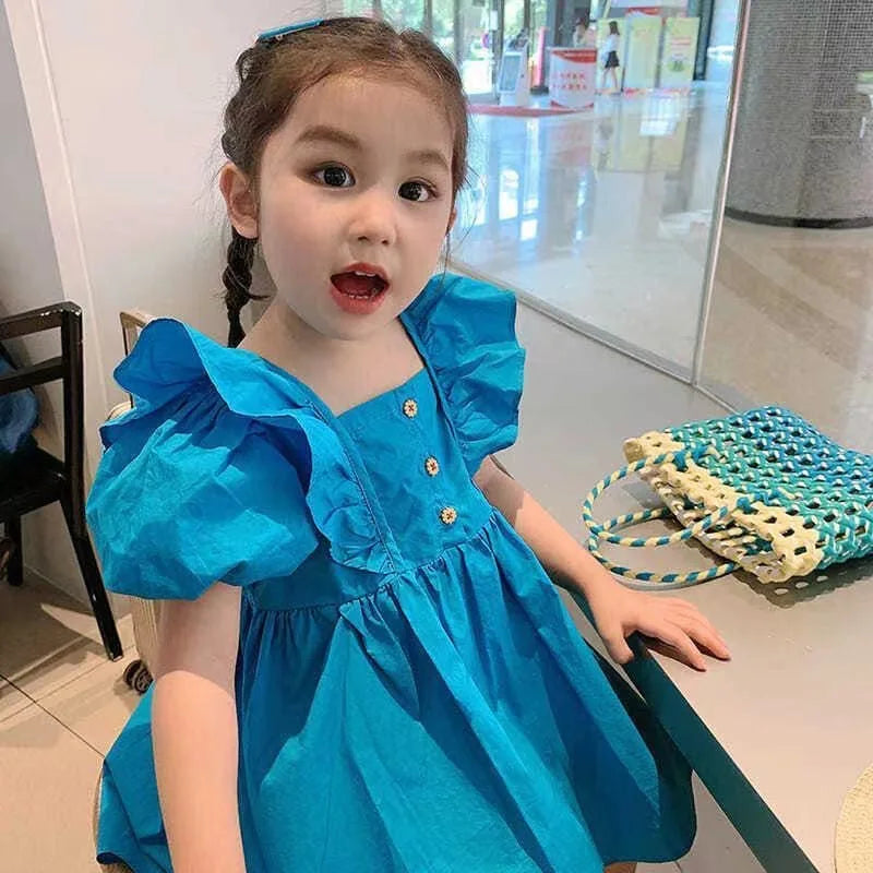 Girls Summer Bubble Sleeve Checkered Strap Dress