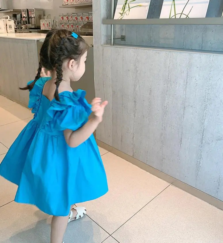 Girls Summer Bubble Sleeve Checkered Strap Dress