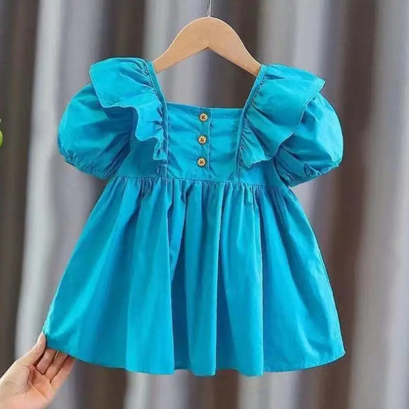 Girls Summer Bubble Sleeve Checkered Strap Dress