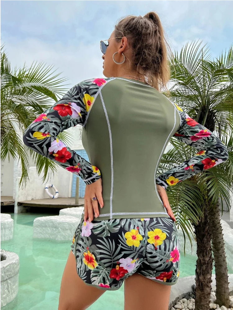 Women's Long-Sleeve Tankini Set | Tropical Print Swimwear with Shorts